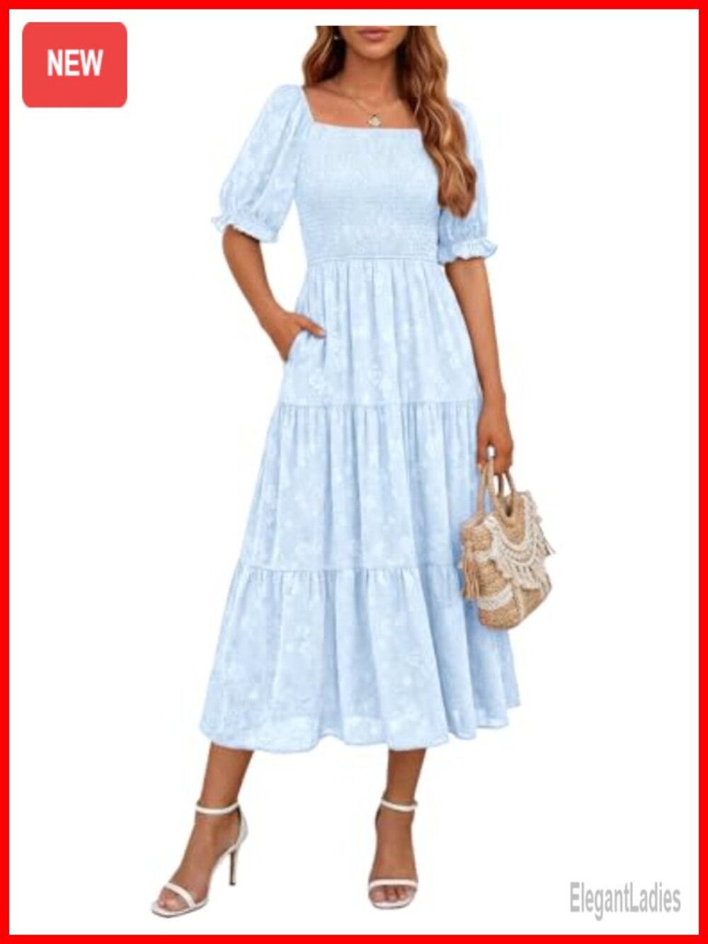 Smocked A-Line Midi Dress Tiered Floral Pockets Summer Wedding Guest